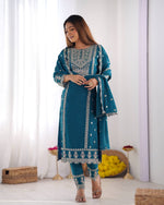Thumbnail for Teeya Creation Teal Colour Chinon Silk Heavy Embroidery Work Fully Stitched Salwar Suit - Distacart
