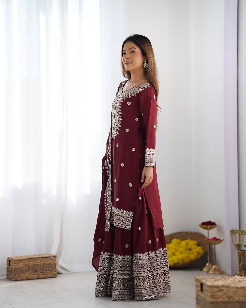 Teeya Creation Maroon Colour Chinon Silk Heavy Embroidery Work Fully Stitched Salwar Suit - Distacart