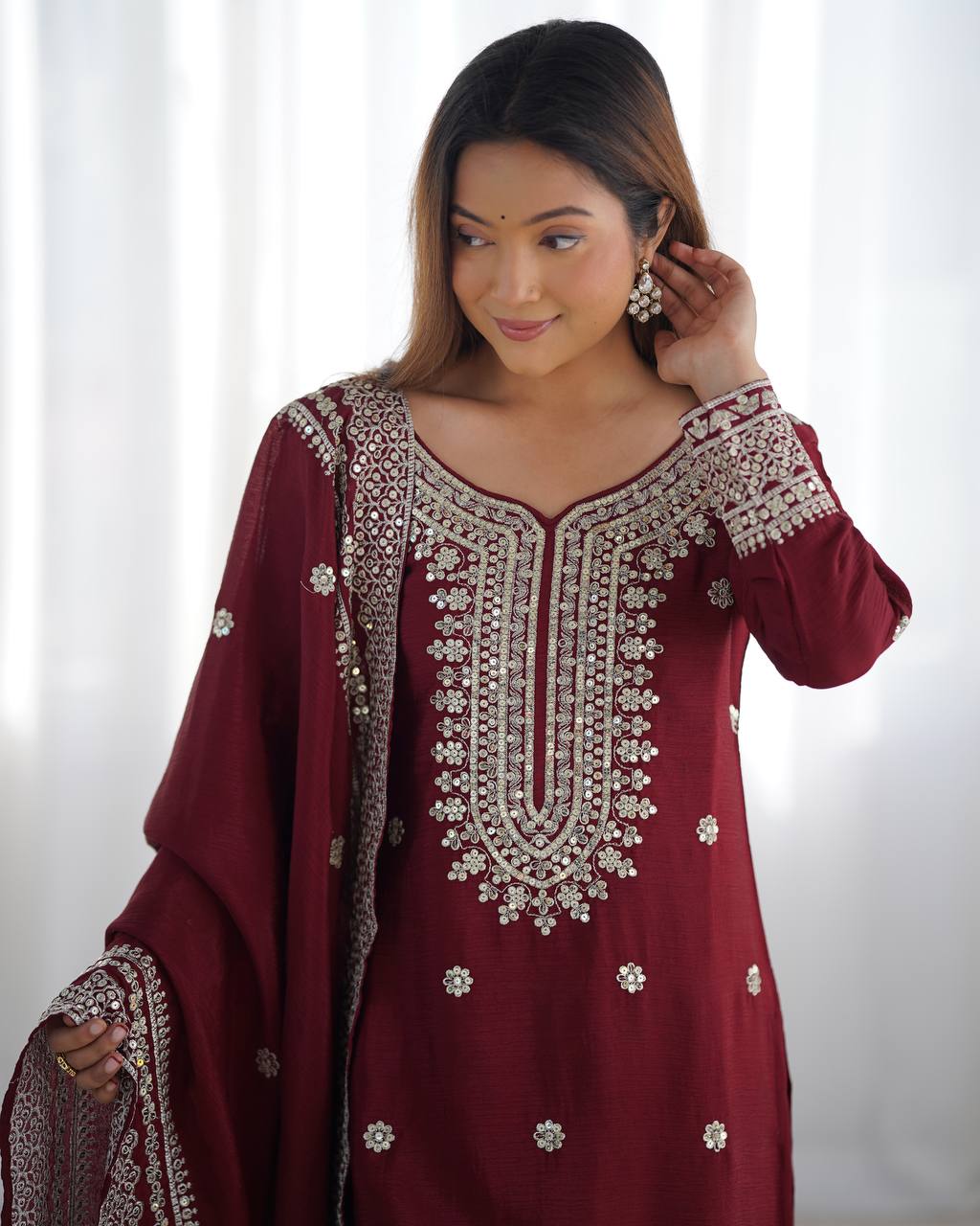 Teeya Creation Maroon Colour Chinon Silk Heavy Embroidery Work Fully Stitched Salwar Suit - Distacart