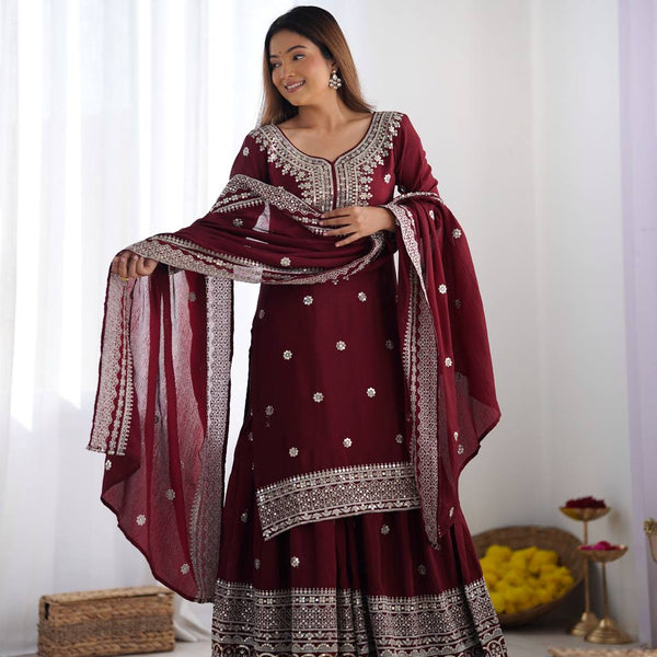 Teeya Creation Maroon Colour Chinon Silk Heavy Embroidery Work Fully Stitched Salwar Suit - Distacart