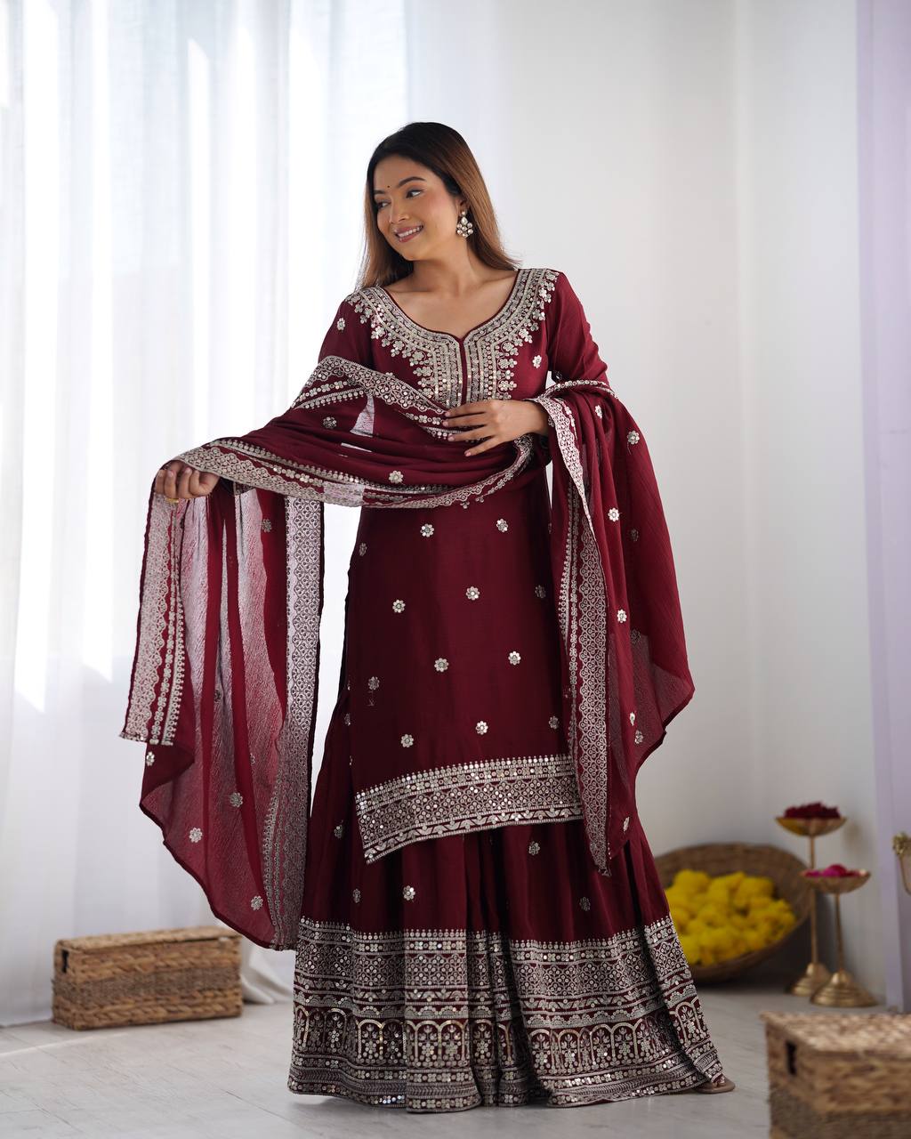 Teeya Creation Maroon Colour Chinon Silk Heavy Embroidery Work Fully Stitched Salwar Suit - Distacart