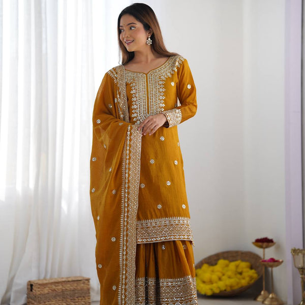 Teeya Creation Mustard Colour Chinon Silk Heavy Embroidery Work Fully Stitched Salwar Suit - Distacart