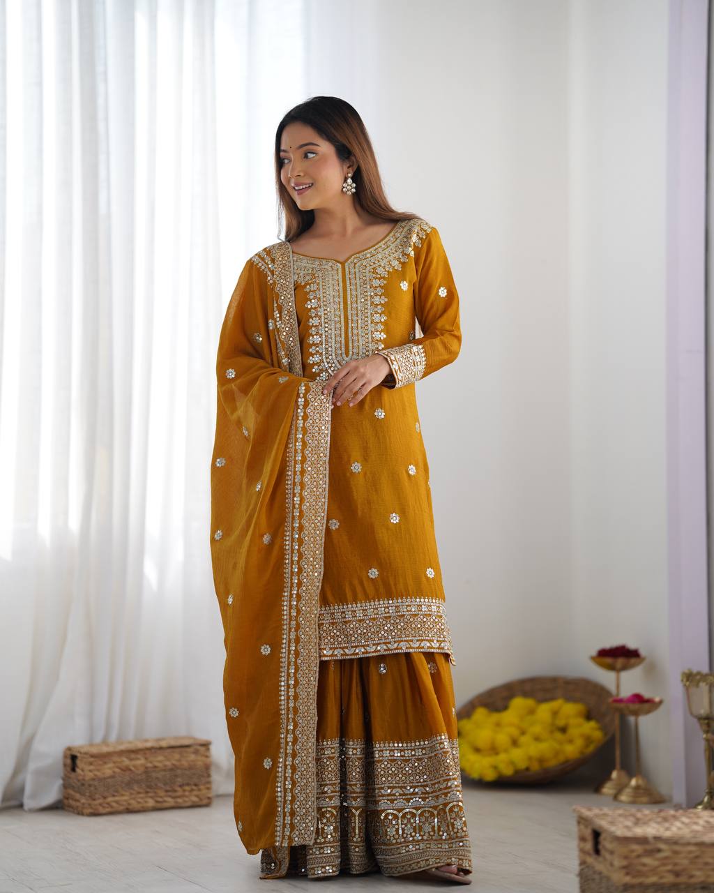 Teeya Creation Mustard Colour Chinon Silk Heavy Embroidery Work Fully Stitched Salwar Suit - Distacart
