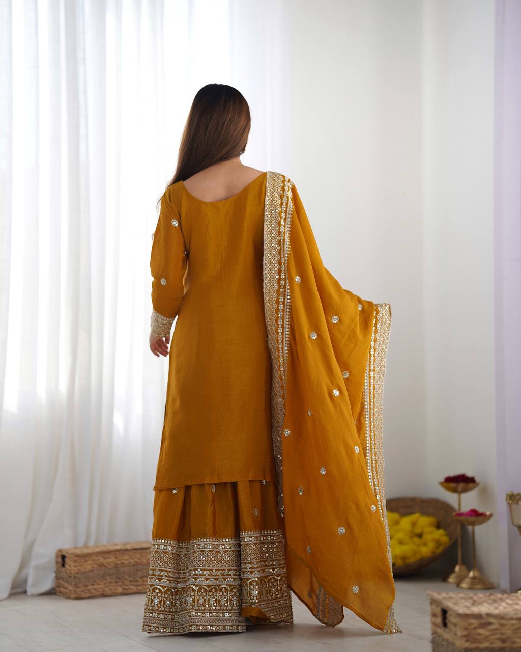 Teeya Creation Mustard Colour Chinon Silk Heavy Embroidery Work Fully Stitched Salwar Suit - Distacart