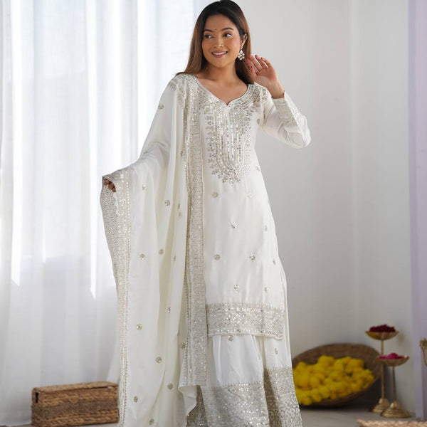Teeya Creation White Colour Chinon Silk Heavy Embroidery Work Fully Stitched Salwar Suit - Distacart