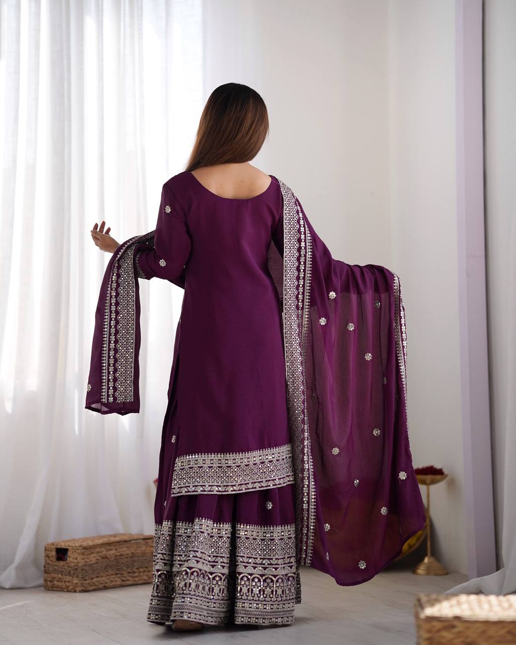 Teeya Creation Wine Colour Chinon Silk Heavy Embroidery Work Fully Stitched Salwar Suit - Distacart