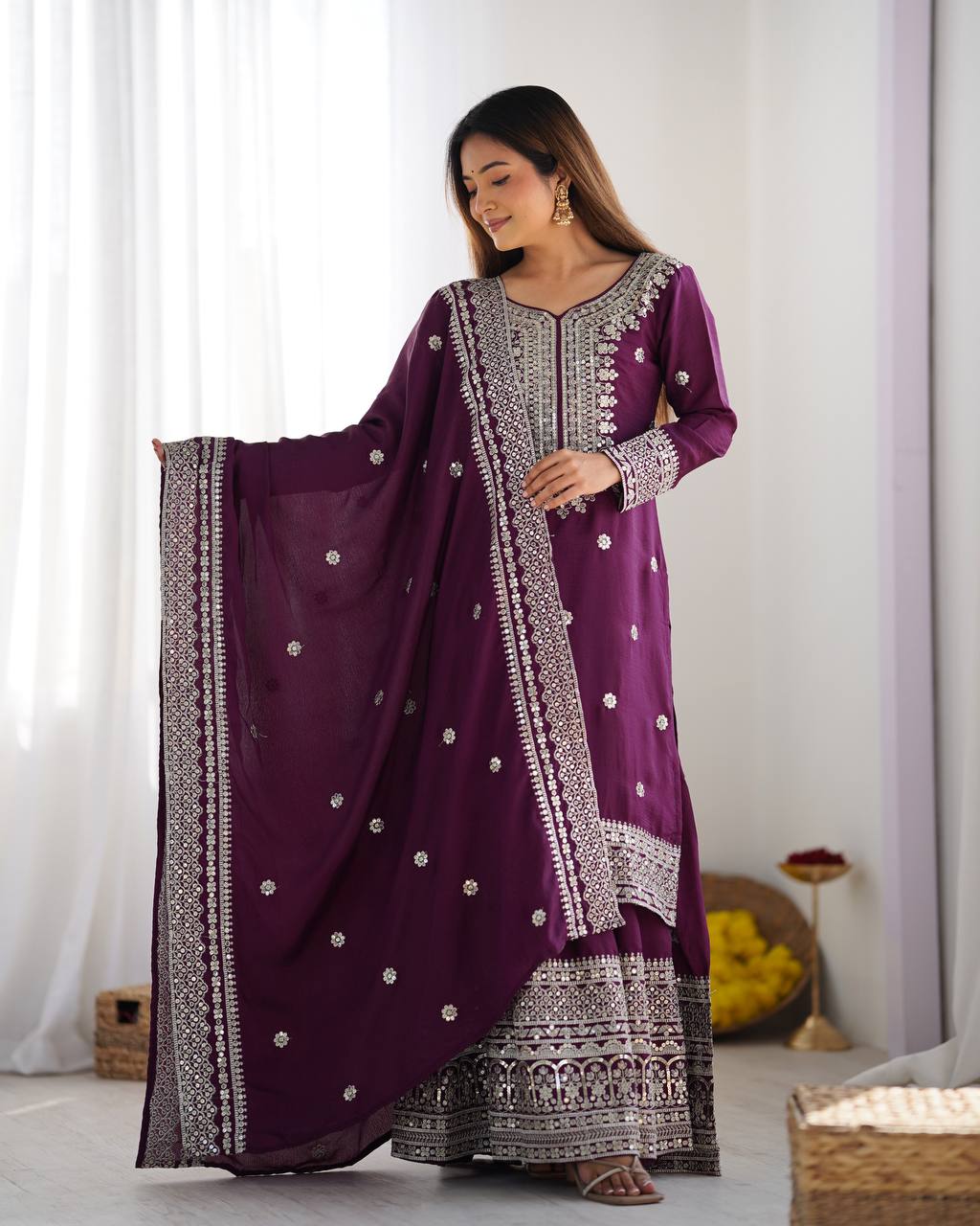Teeya Creation Wine Colour Chinon Silk Heavy Embroidery Work Fully Stitched Salwar Suit - Distacart