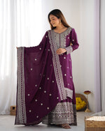Thumbnail for Teeya Creation Wine Colour Chinon Silk Heavy Embroidery Work Fully Stitched Salwar Suit - Distacart