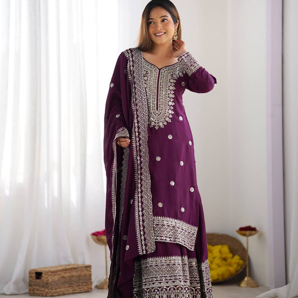 Teeya Creation Wine Colour Chinon Silk Heavy Embroidery Work Fully Stitched Salwar Suit - Distacart