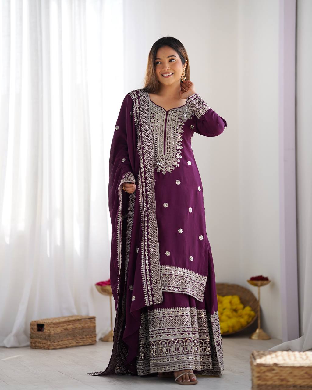 Teeya Creation Wine Colour Chinon Silk Heavy Embroidery Work Fully Stitched Salwar Suit - Distacart