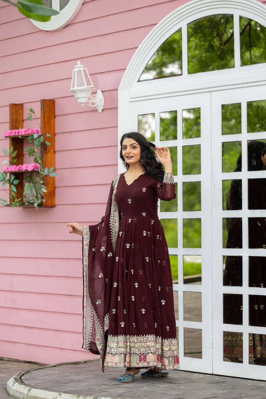 Teeya Creation Maroon Colour Faux Georgette Heavy Embroidery Work Fully Stitched Gown - Distacart