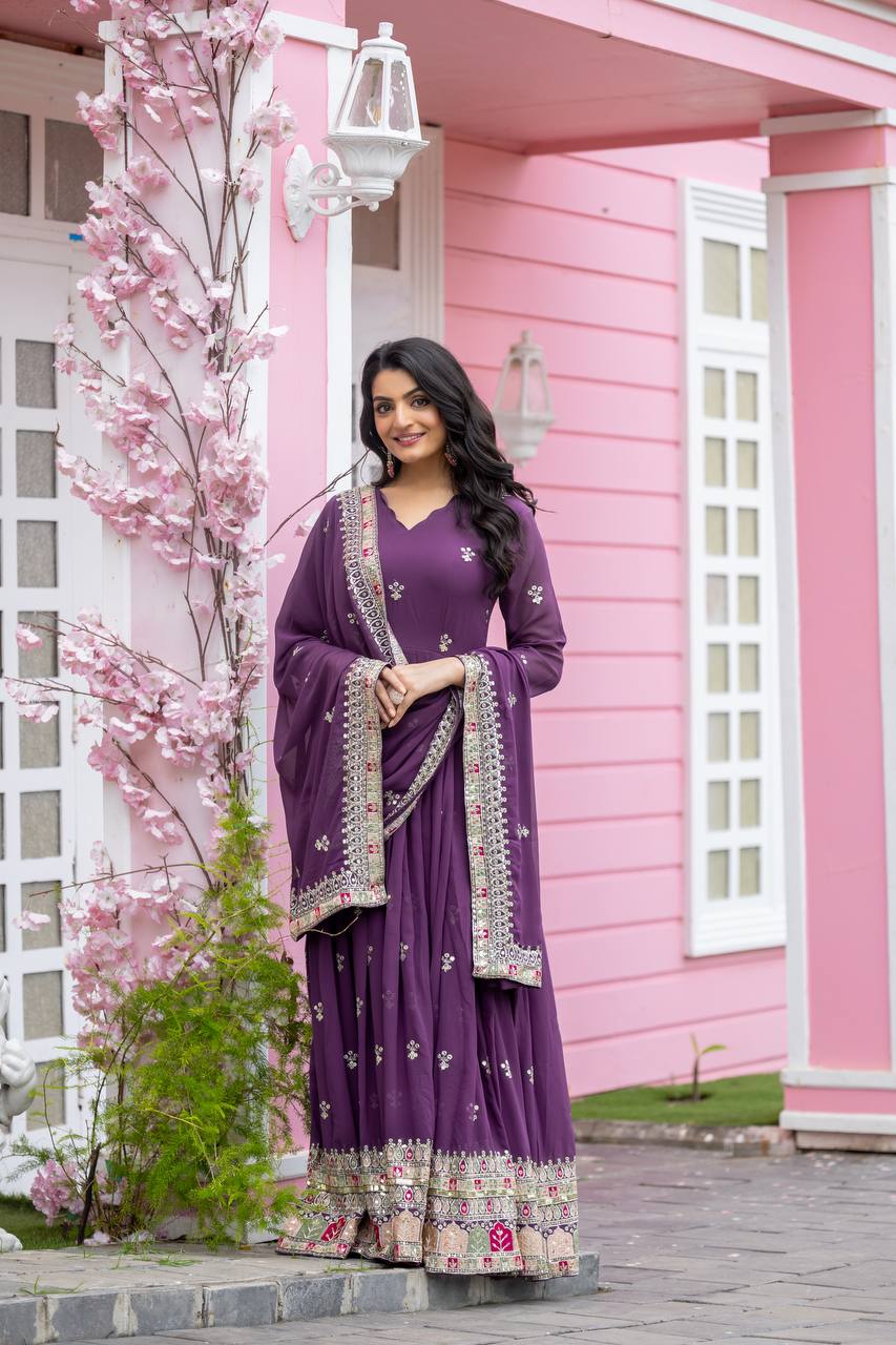 Teeya Creation Purple Colour Faux Georgette Heavy Embroidery Work Fully Stitched Gown - Distacart