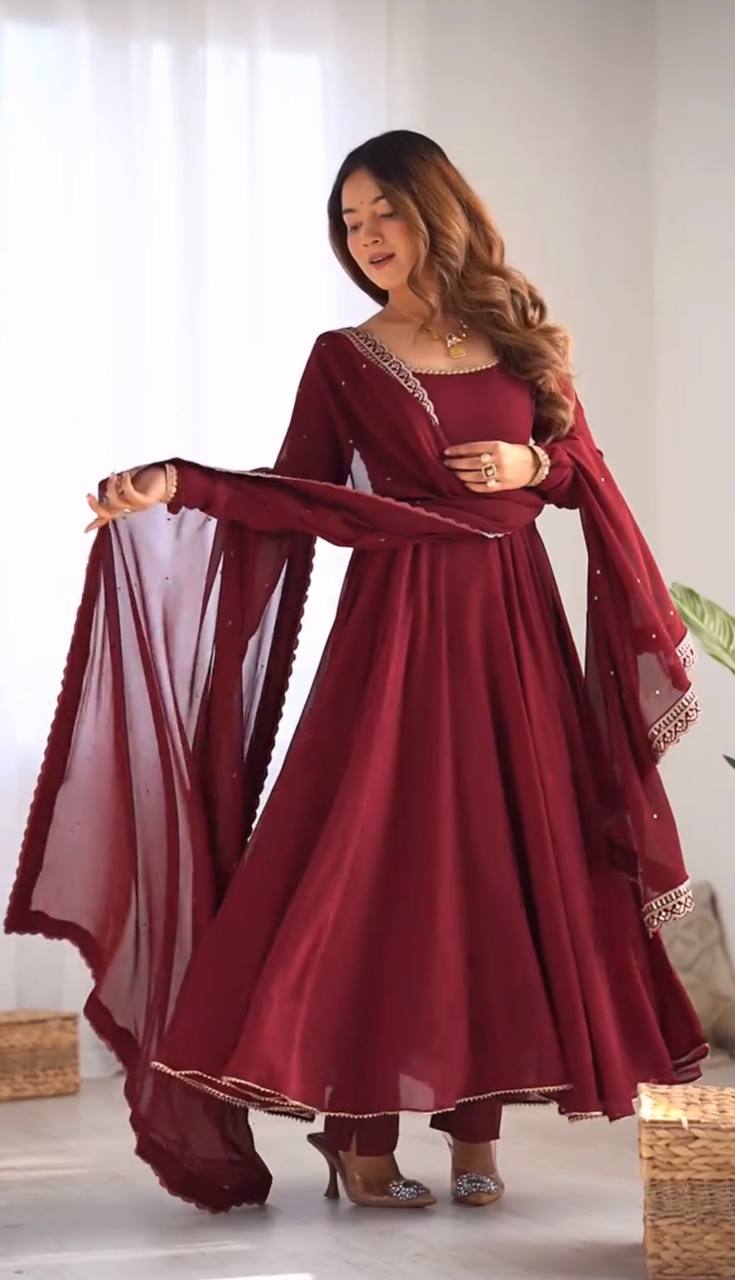 Teeya Creation Maroon Color Georgette Fabric Beautiful Fully Stitched Gown - Distacart