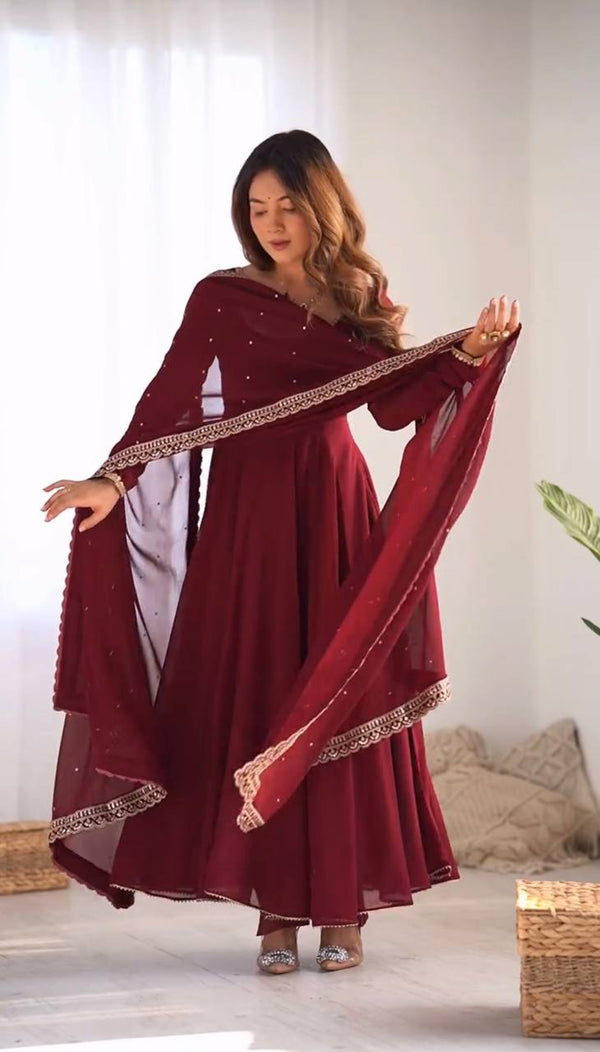 Teeya Creation Maroon Color Georgette Fabric Beautiful Fully Stitched Gown - Distacart