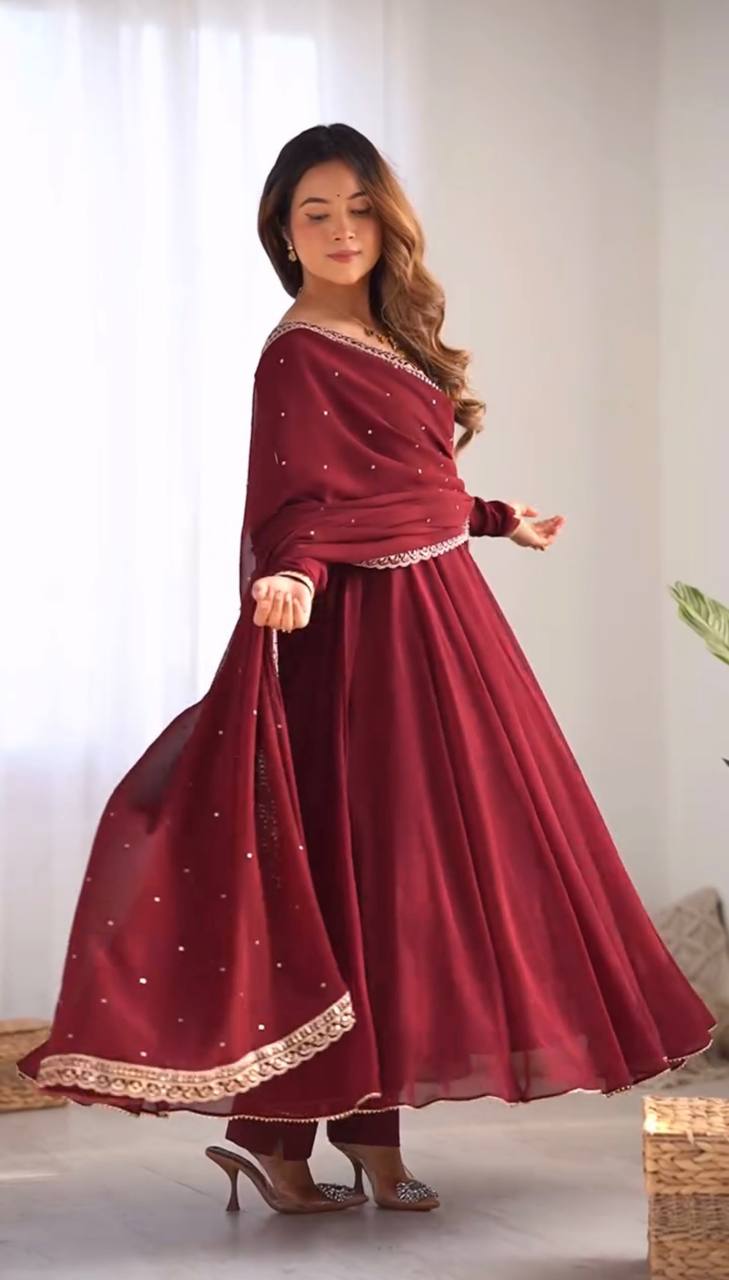 Teeya Creation Maroon Color Georgette Fabric Beautiful Fully Stitched Gown - Distacart