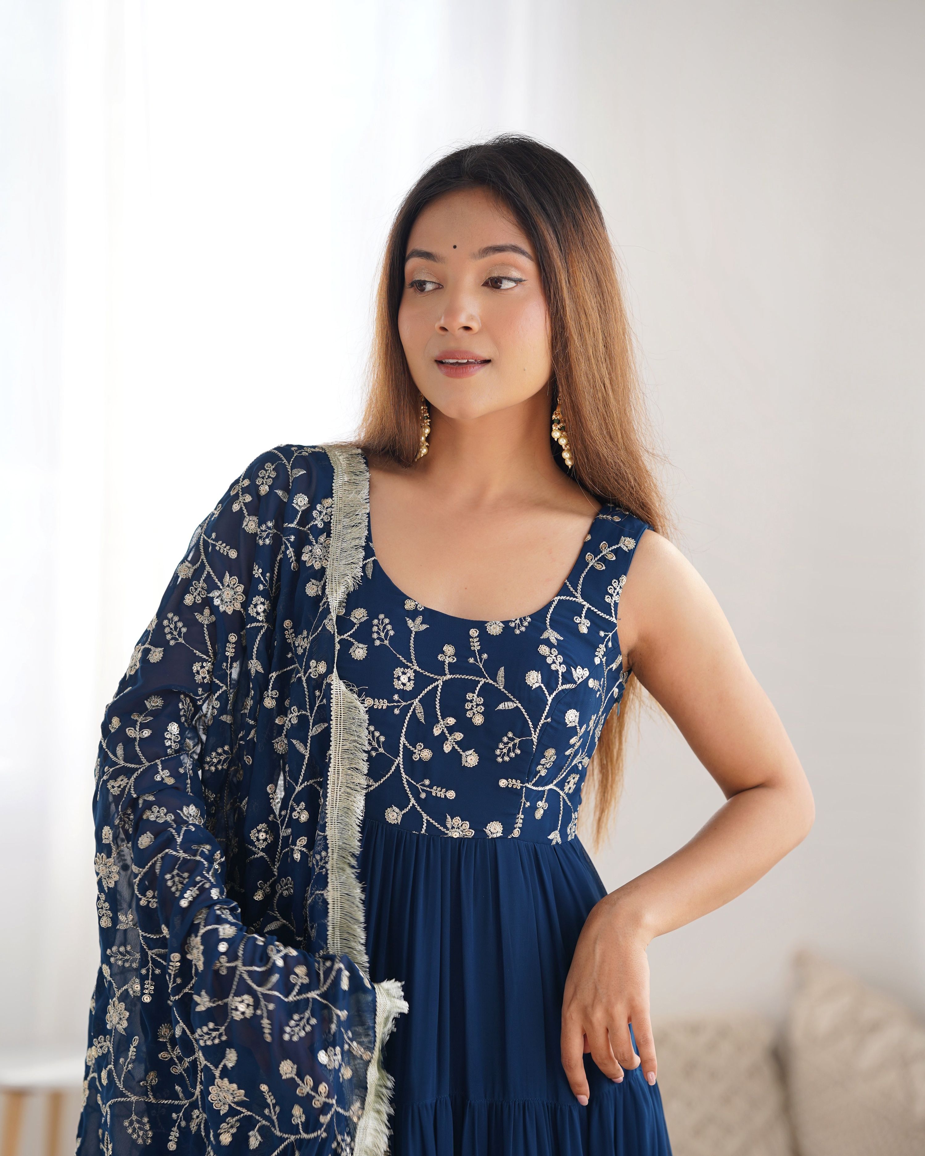 Teeya Creation Blue Color Faux Georgette Heavy Work 12 Meter Flared Fully Stitched Gown - Distacart