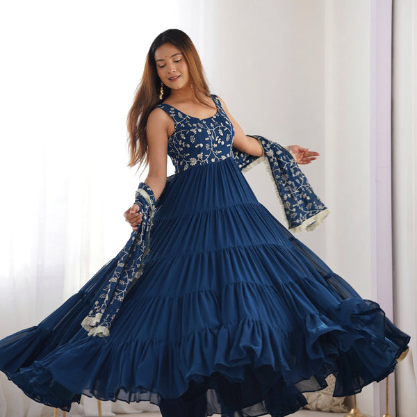 Teeya Creation Blue Color Faux Georgette Heavy Work 12 Meter Flared Fully Stitched Gown - Distacart