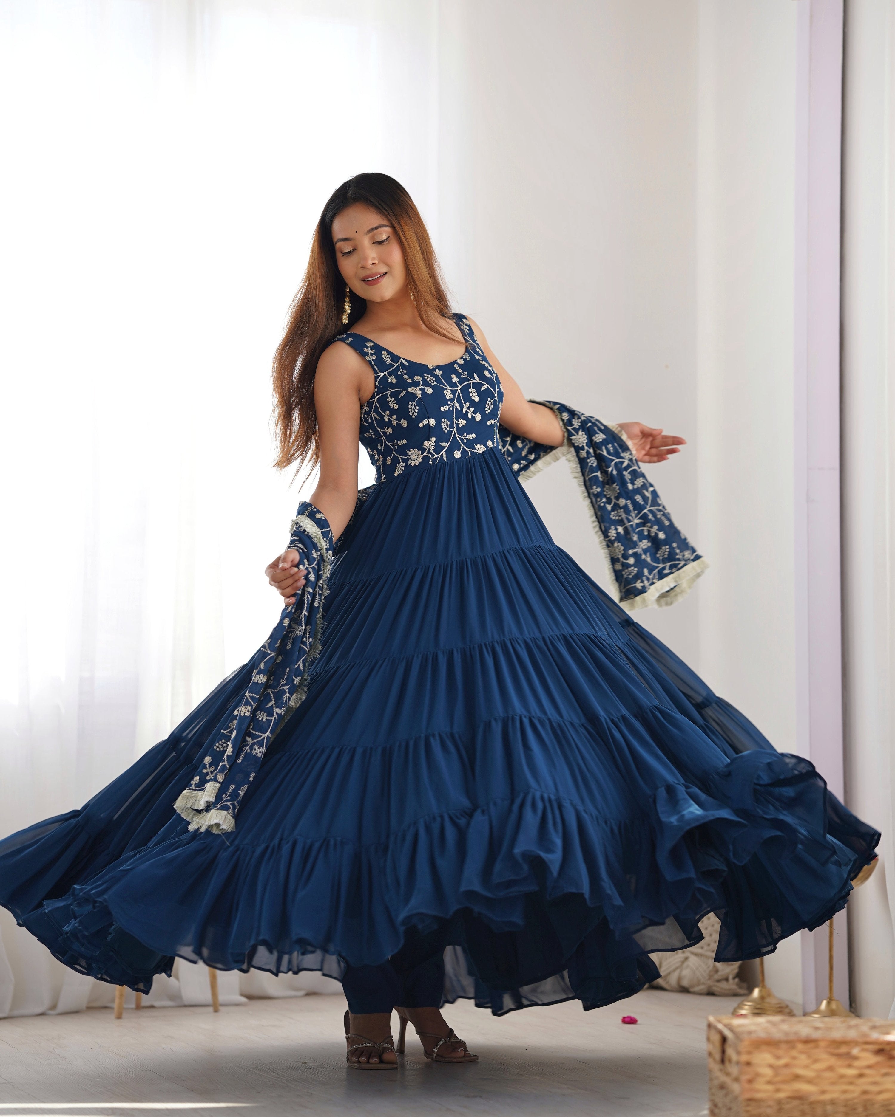 Teeya Creation Blue Color Faux Georgette Heavy Work 12 Meter Flared Fully Stitched Gown - Distacart