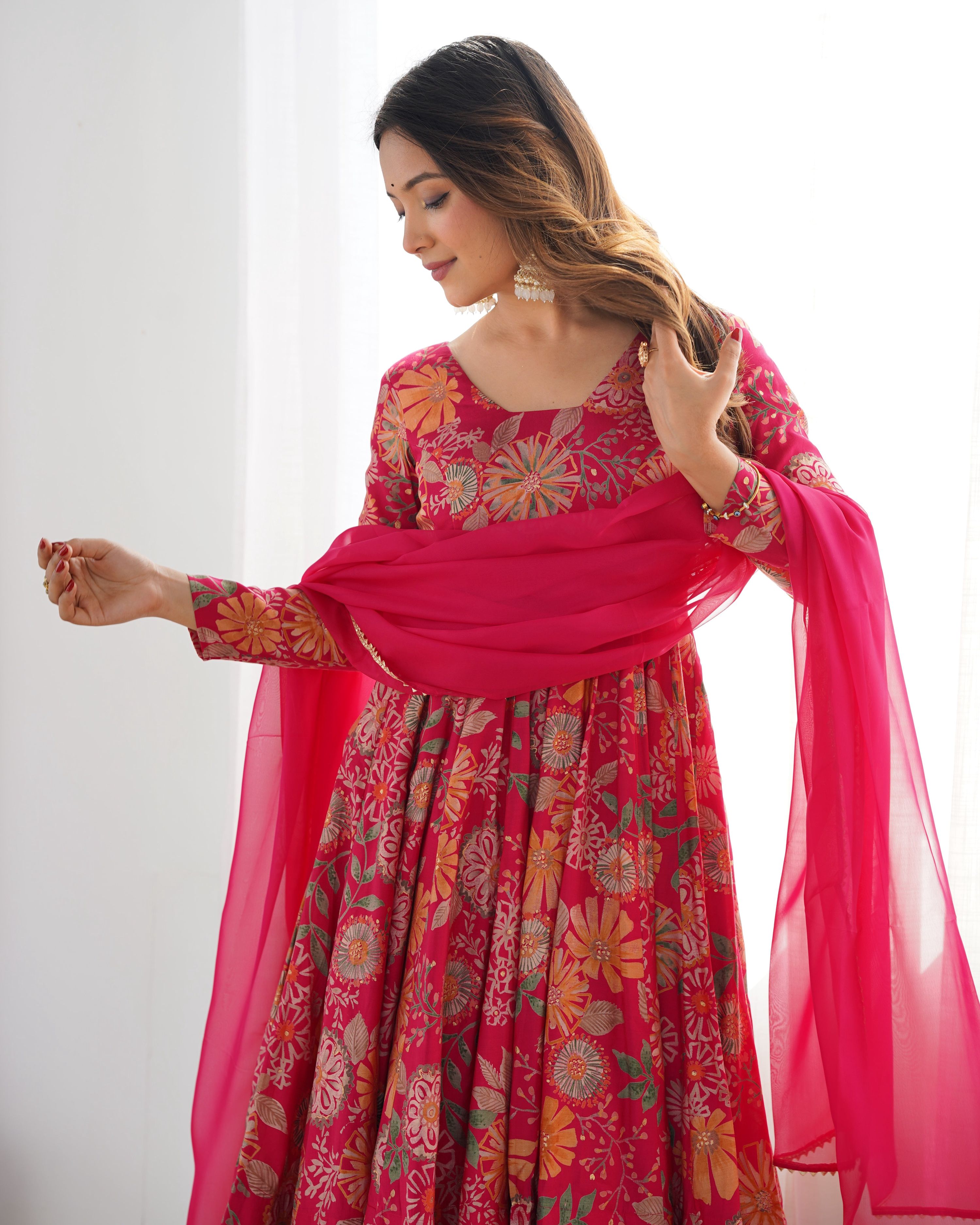 Teeya Creation Pink Color Roman Silk Kediya Style Fully Stitched Printed Kediya - Distacart