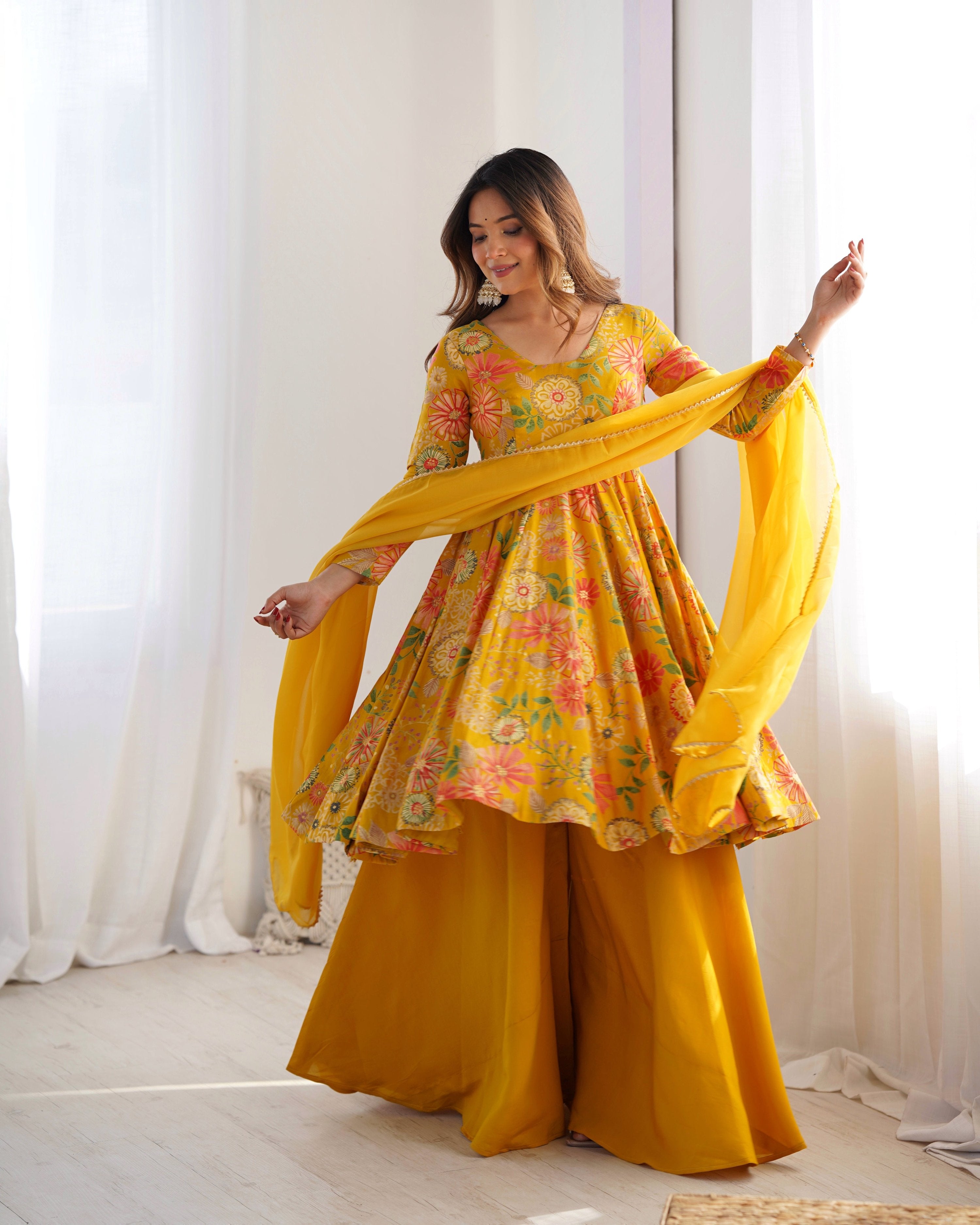 Teeya Creation Yellow Color Faux Georgette Kediya Style Fully Stitched Printed Kediya - Distacart