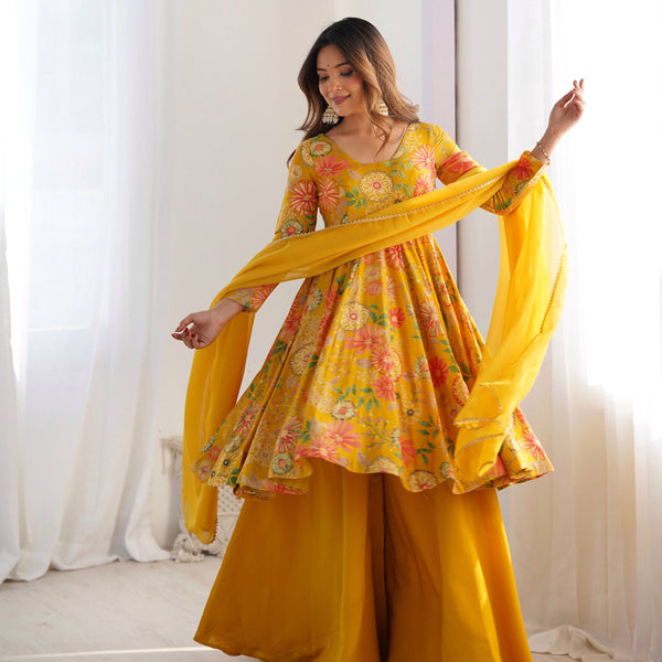 Teeya Creation Yellow Color Faux Georgette Kediya Style Fully Stitched Printed Kediya - Distacart