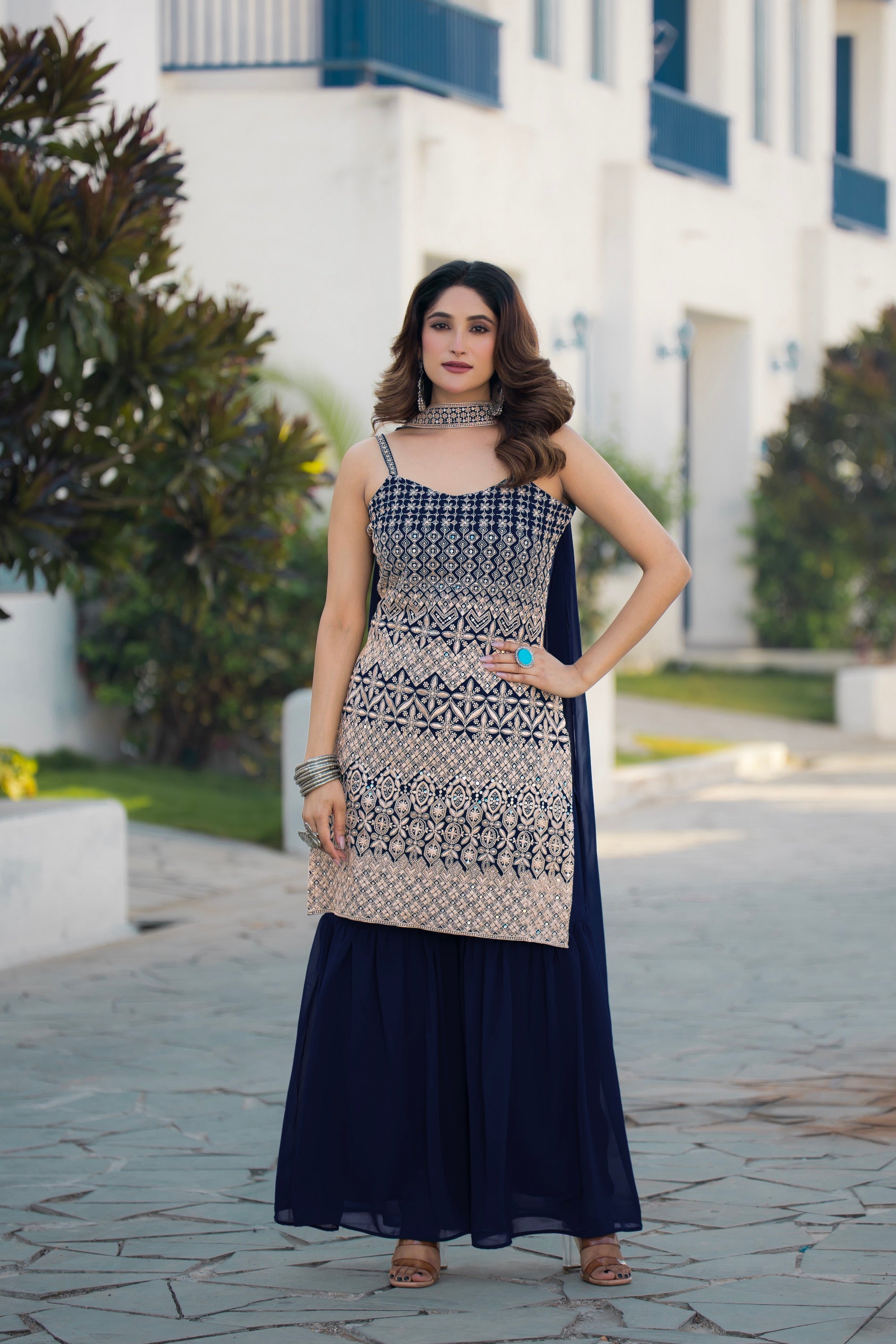 Teeya Creation Navy Blue Color Georgette Heavy Embroidery Work Pakistani Style Fully Stitched Salwar Suit - Distacart