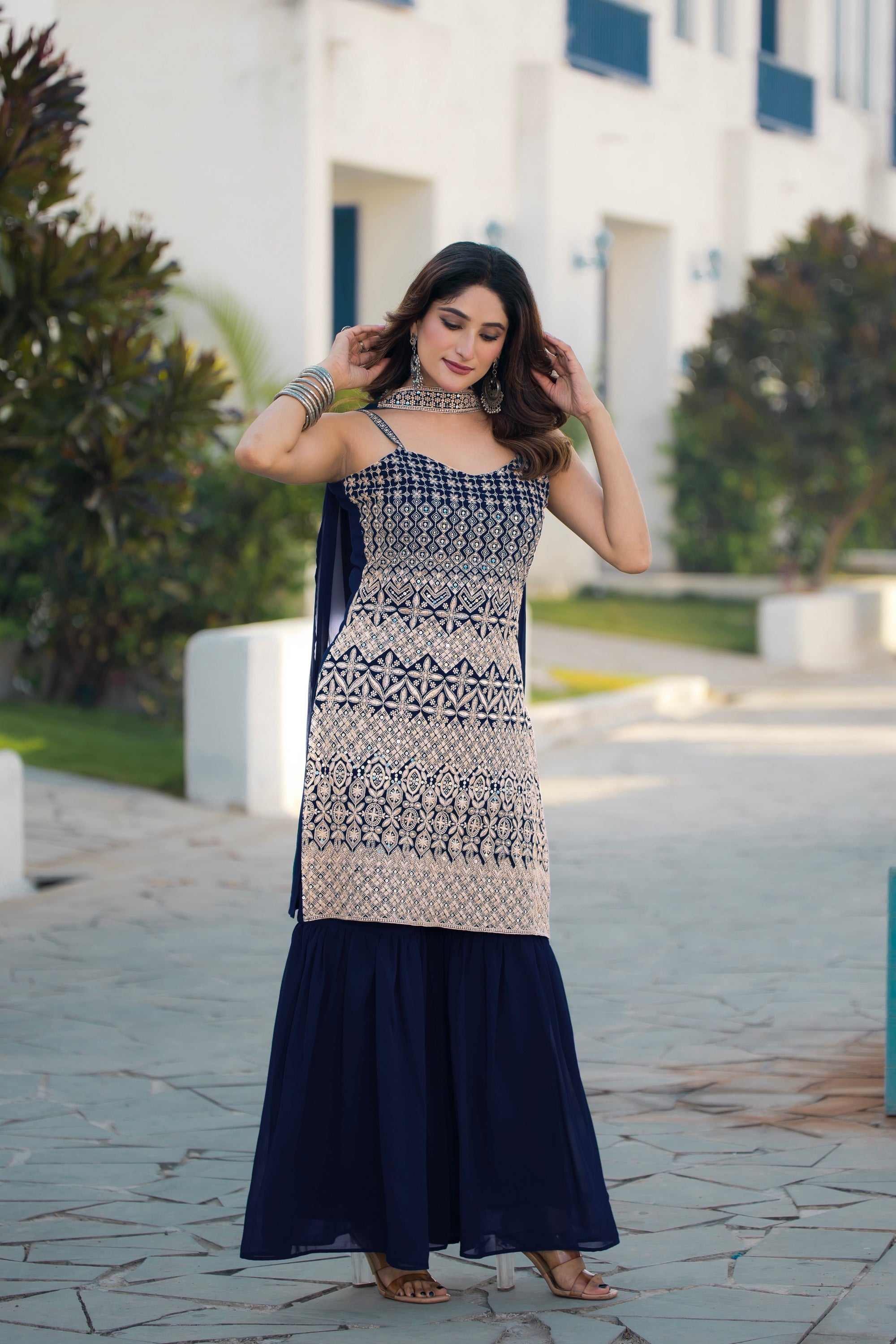 Teeya Creation Navy Blue Color Georgette Heavy Embroidery Work Pakistani Style Fully Stitched Salwar Suit - Distacart