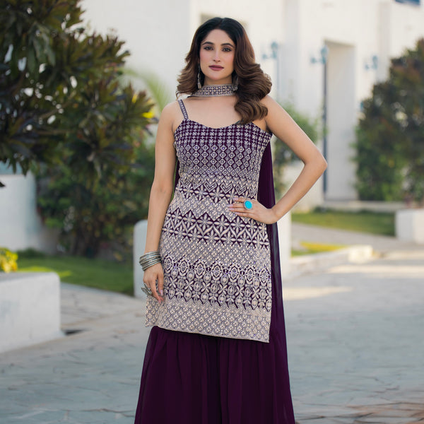 Teeya Creation Wine Color Georgette Heavy Embroidery Work Pakistani Style Fully Stitched Salwar Suit - Distacart