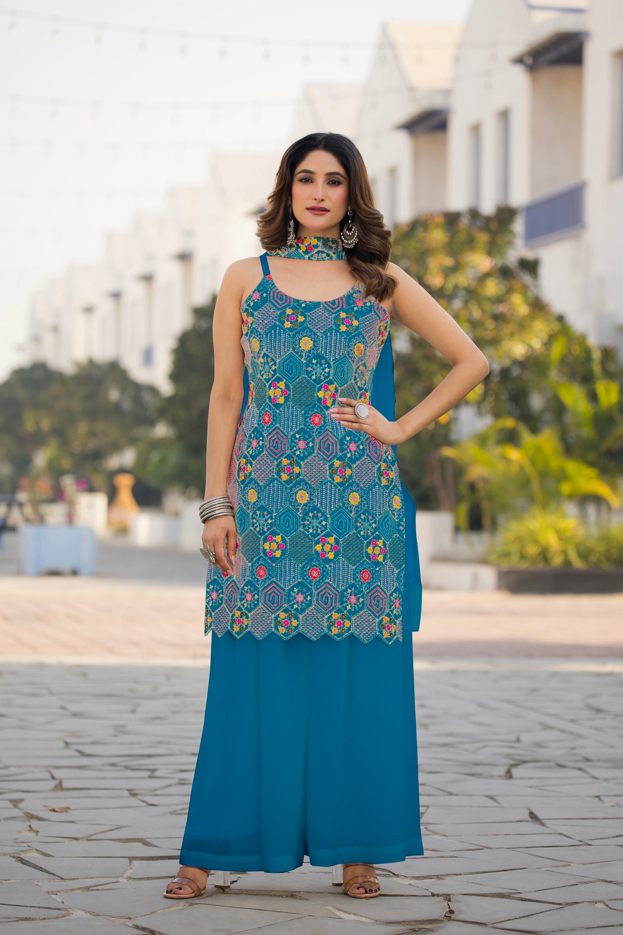 Teeya Creation Blue Color Chinon Silk Heavy Embroidery Work Pakistani Style Fully Stitched Salwar Suit - Distacart