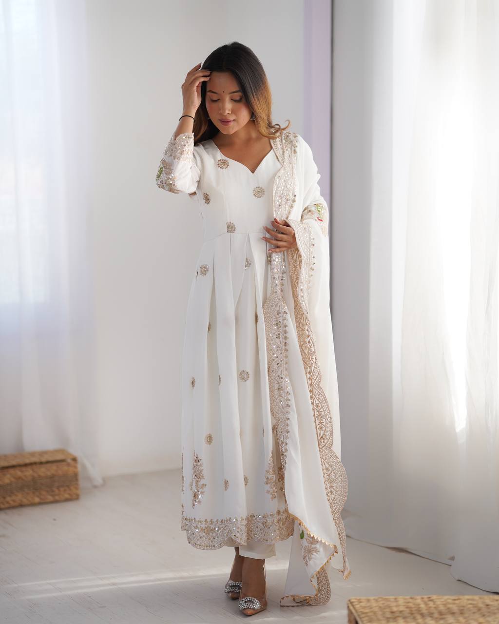 Teeya Creation White Color Chinnon Silk Heavy Embroidery Work Festival Wear Fully Stitched Gown - Distacart