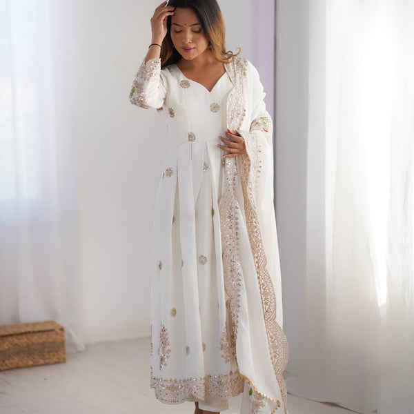 Teeya Creation White Color Chinnon Silk Heavy Embroidery Work Festival Wear Fully Stitched Gown - Distacart