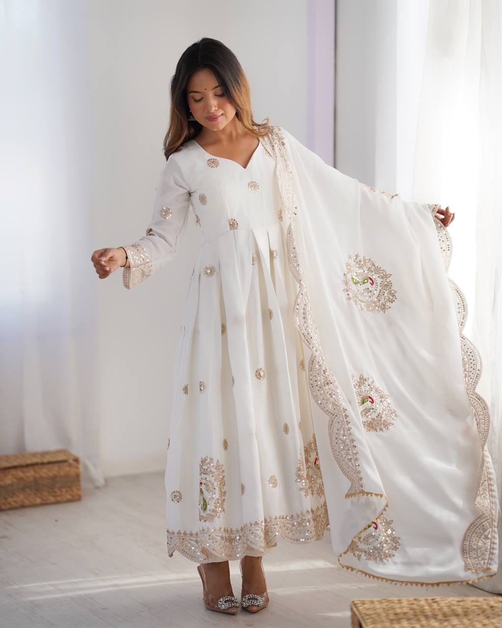 Teeya Creation White Color Chinnon Silk Heavy Embroidery Work Festival Wear Fully Stitched Gown - Distacart