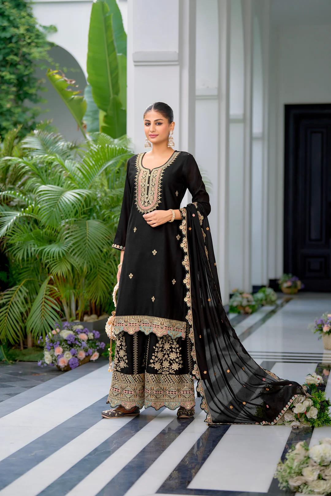 Teeya Creation Black Color Chinnon Silk Heavy Embroidery Work Festival Wear Fully Stitched Sharara Suit - Distacart