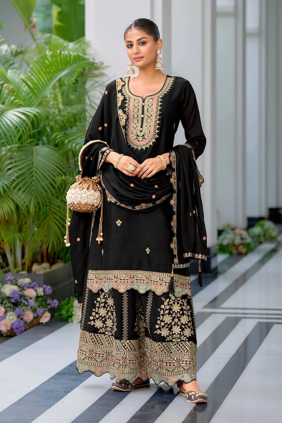 Teeya Creation Black Color Chinnon Silk Heavy Embroidery Work Festival Wear Fully Stitched Sharara Suit - Distacart