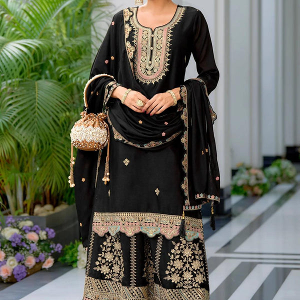 Teeya Creation Black Color Chinnon Silk Heavy Embroidery Work Festival Wear Fully Stitched Sharara Suit - Distacart