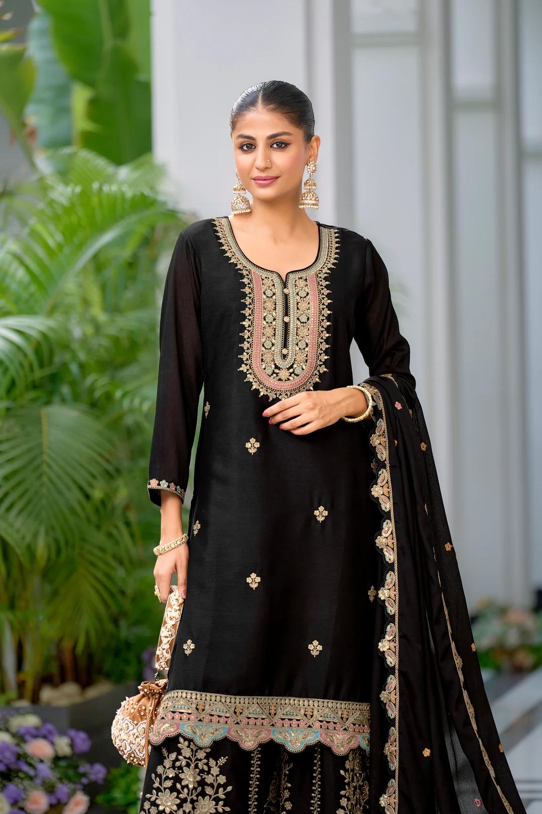 Teeya Creation Black Color Chinnon Silk Heavy Embroidery Work Festival Wear Fully Stitched Sharara Suit - Distacart