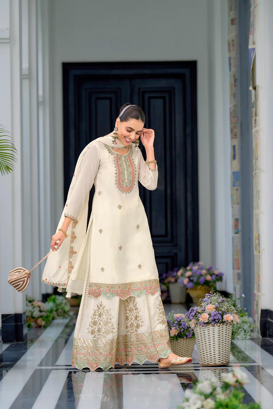 Teeya Creation White Color Chinnon Silk Heavy Embroidery Work Festival Wear Fully Stitched Sharara Suit - Distacart