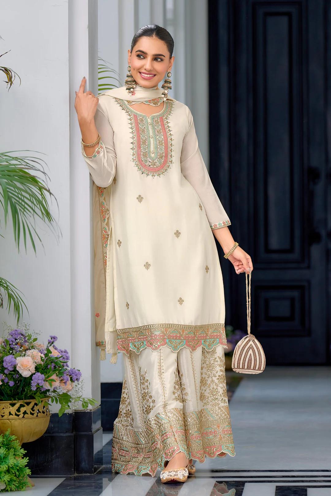Teeya Creation White Color Chinnon Silk Heavy Embroidery Work Festival Wear Fully Stitched Sharara Suit - Distacart