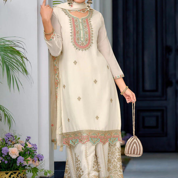 Teeya Creation White Color Chinnon Silk Heavy Embroidery Work Festival Wear Fully Stitched Sharara Suit - Distacart