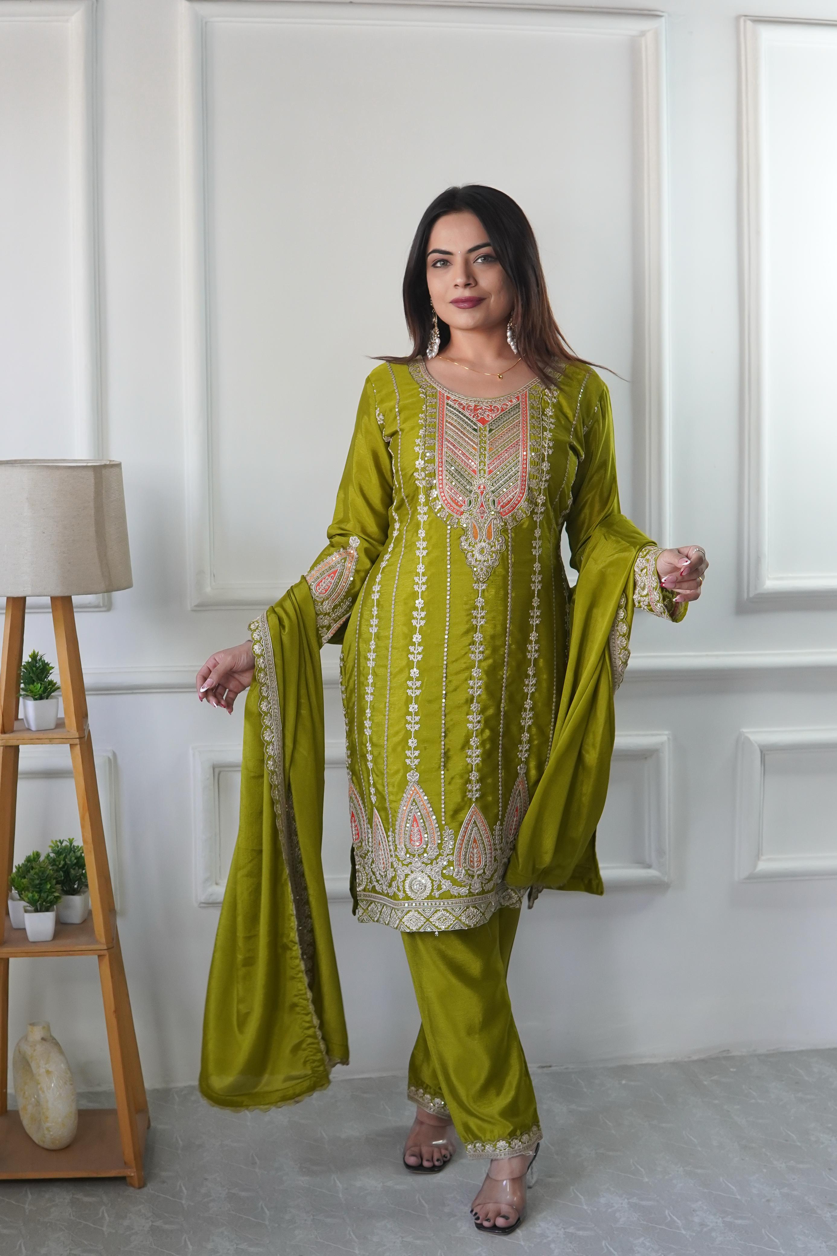 Teeya Creation Parrot Green Color Chinnon Silk Heavy Embroidery Work Pakistani Style Fully Stitched Salwar Suit - Distacart