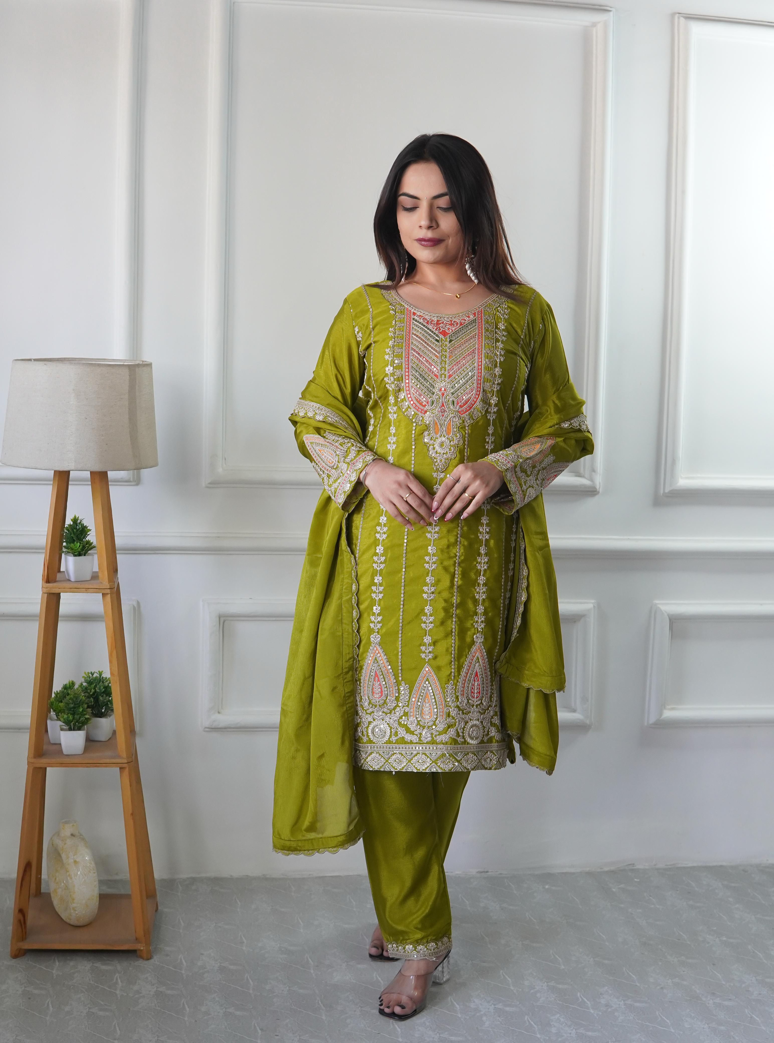 Teeya Creation Parrot Green Color Chinnon Silk Heavy Embroidery Work Pakistani Style Fully Stitched Salwar Suit - Distacart