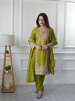 Thumbnail for Teeya Creation Parrot Green Color Chinnon Silk Heavy Embroidery Work Pakistani Style Fully Stitched Salwar Suit - Distacart