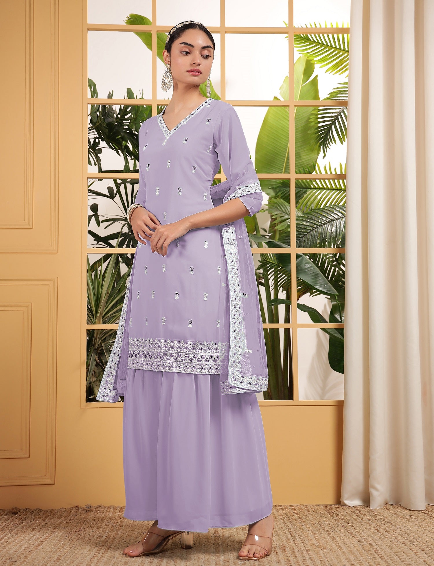Teeya Creation Lavender Color Georgette Fabric Heavy Embroidery Work Fully Stitched Palazzo Set - Distacart