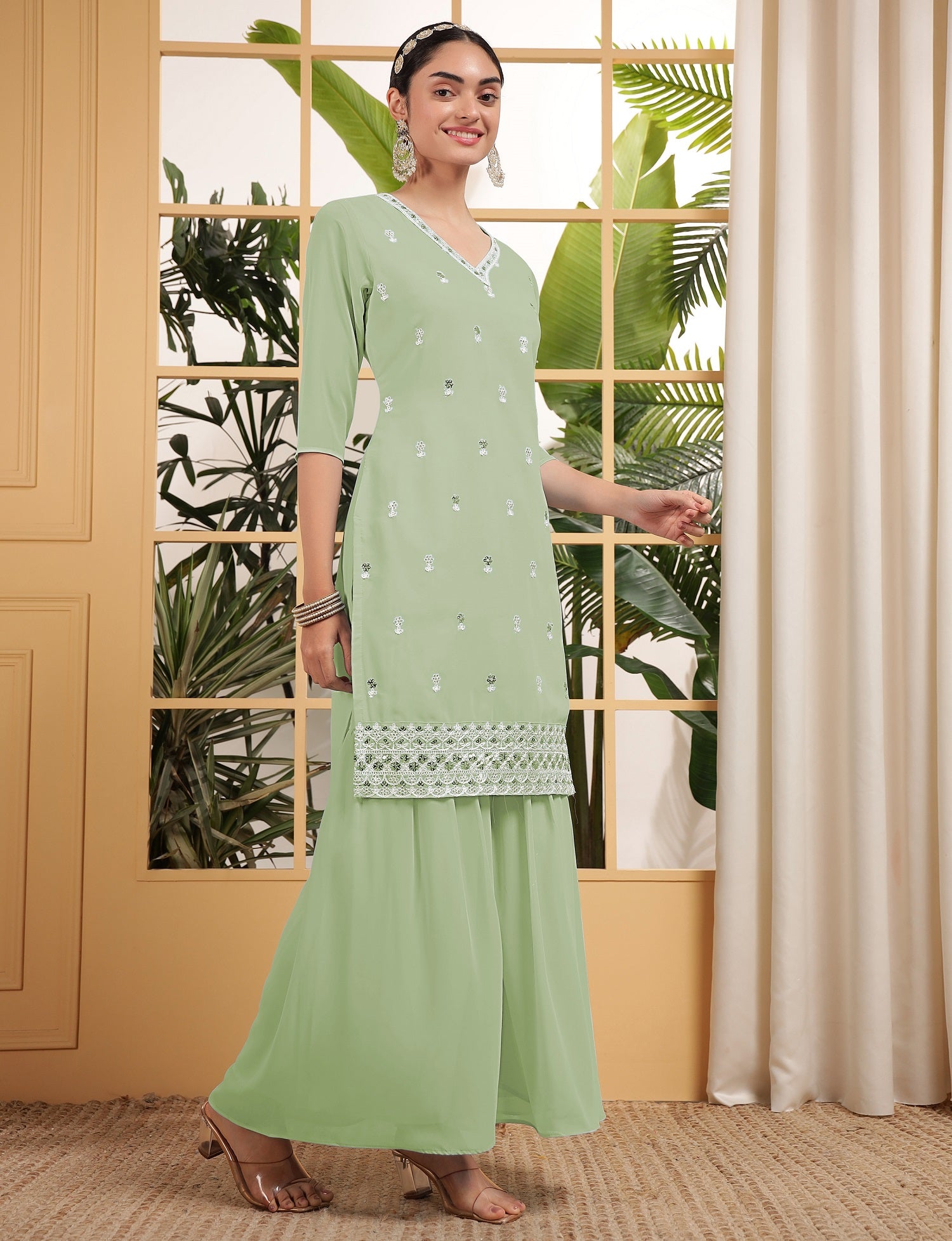 Teeya Creation Pista Color Georgette Fabric Heavy Embroidery Work Fully Stitched Palazzo Set - Distacart