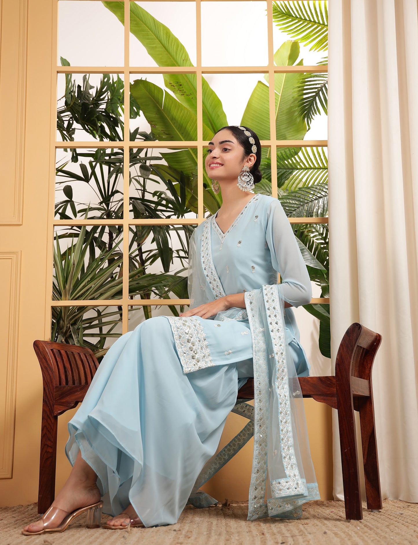 Teeya Creation Sky Color Georgette Fabric Heavy Embroidery Work Fully Stitched Palazzo Set - Distacart