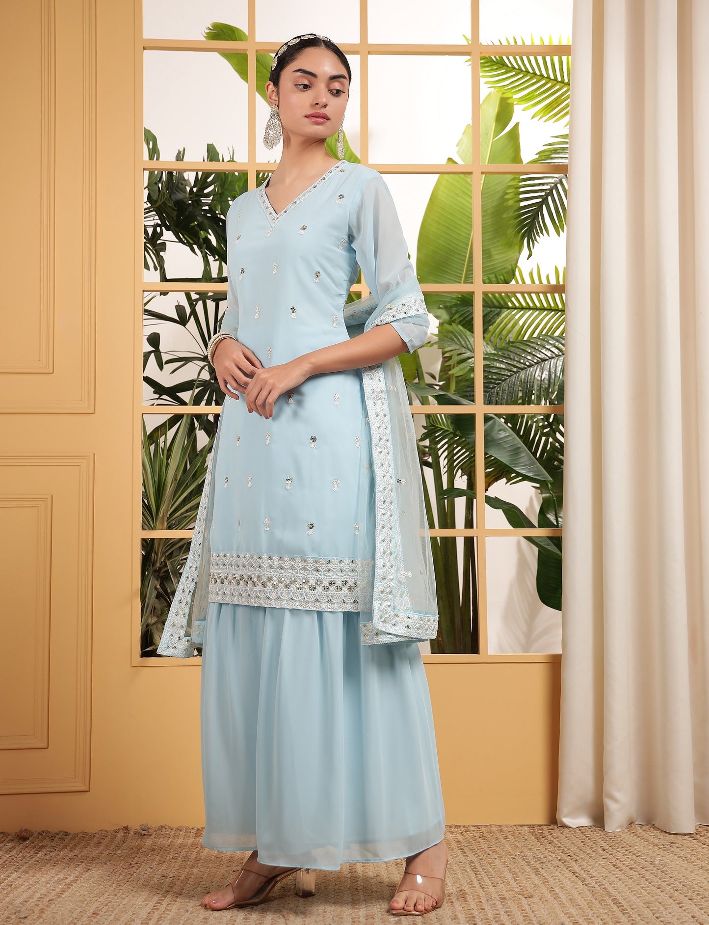 Teeya Creation Sky Color Georgette Fabric Heavy Embroidery Work Fully Stitched Palazzo Set - Distacart