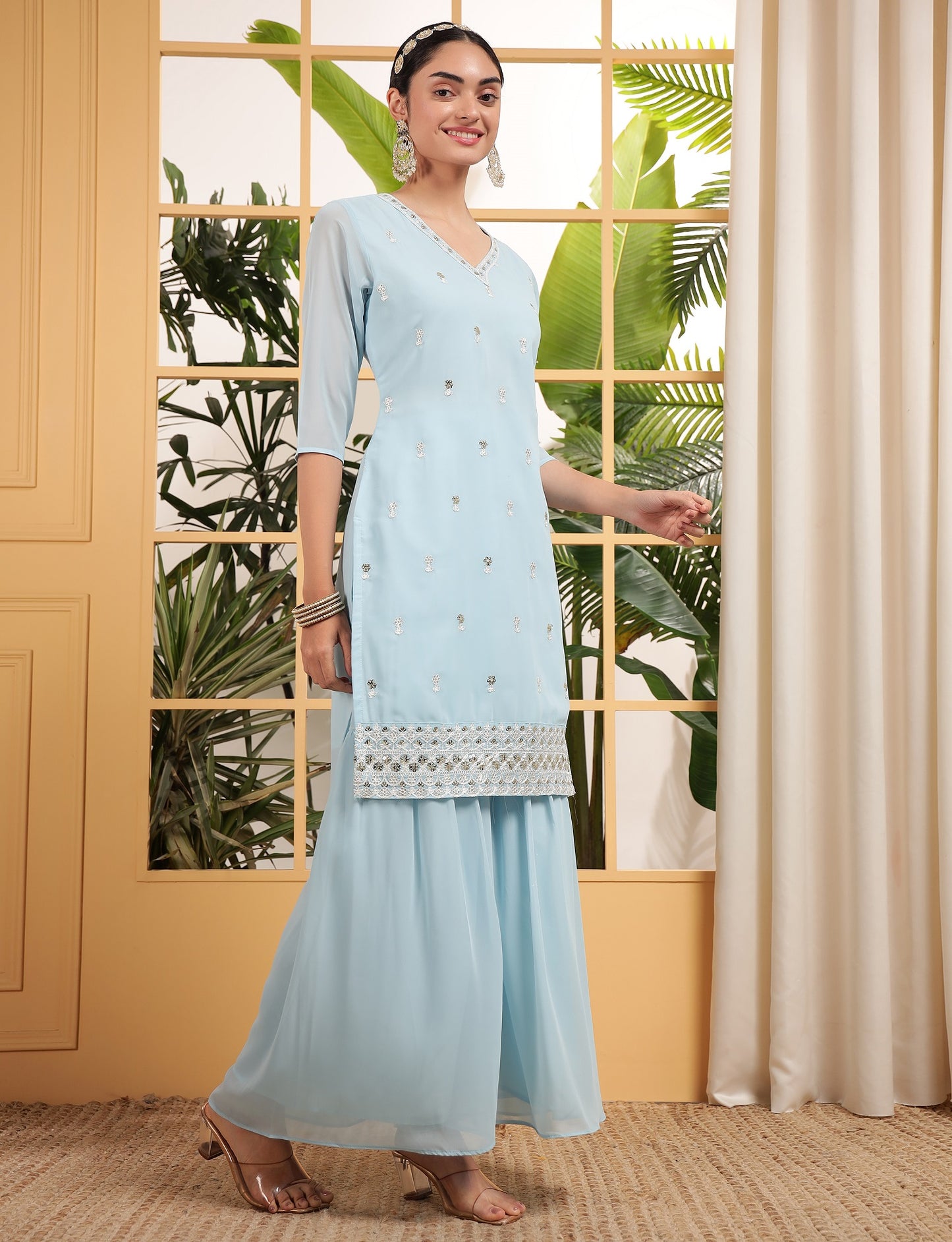 Teeya Creation Sky Color Georgette Fabric Heavy Embroidery Work Fully Stitched Palazzo Set - Distacart