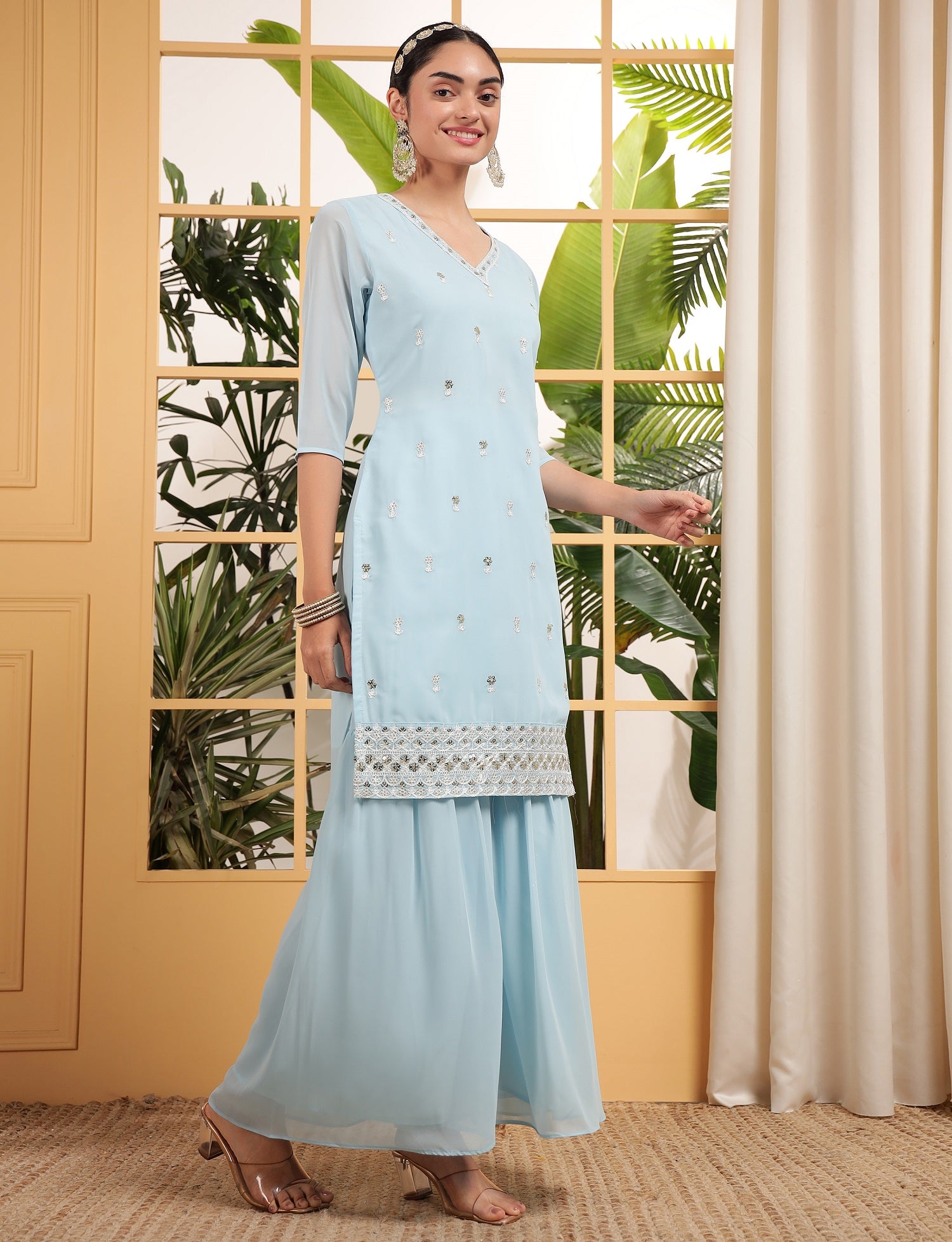 Teeya Creation Sky Color Georgette Fabric Heavy Embroidery Work Fully Stitched Palazzo Set - Distacart