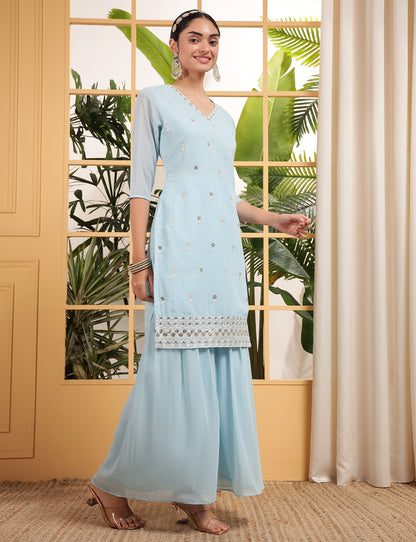 Teeya Creation Sky Color Georgette Fabric Heavy Embroidery Work Fully Stitched Palazzo Set - Distacart