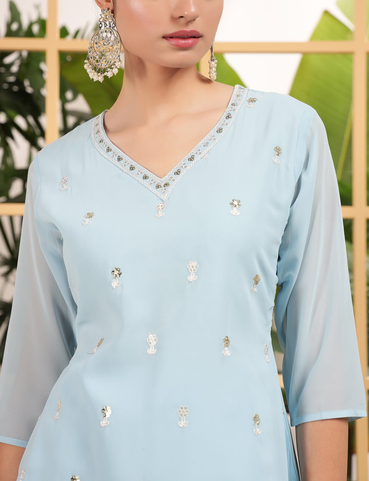 Teeya Creation Sky Color Georgette Fabric Heavy Embroidery Work Fully Stitched Palazzo Set - Distacart